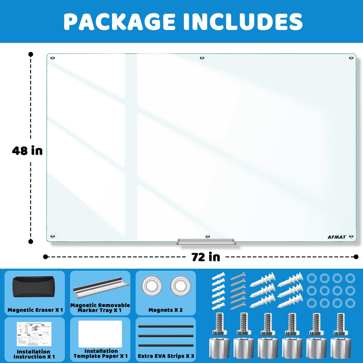 AFMAT Magnetic Glass Dry Erase Board, 72
