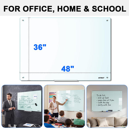 AFMAT Magnetic Glass Whiteboard, 48" x 36" Glass Dry Erase Board, 4mm Tempered Glass w/Strong Magnetic Surface, Large White Board for Wall, Frameless Wall Mounted Black Board for Office Home School,GB04BK1