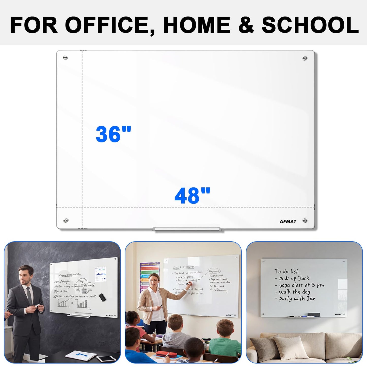 AFMAT Magnetic Glass Whiteboard, 48" x 36" Glass Dry Erase Board, 4mm Tempered Glass w/Strong Magnetic Surface, Large White Board for Wall, Frameless Wall Mounted Black Board for Office Home School,GB04BK1