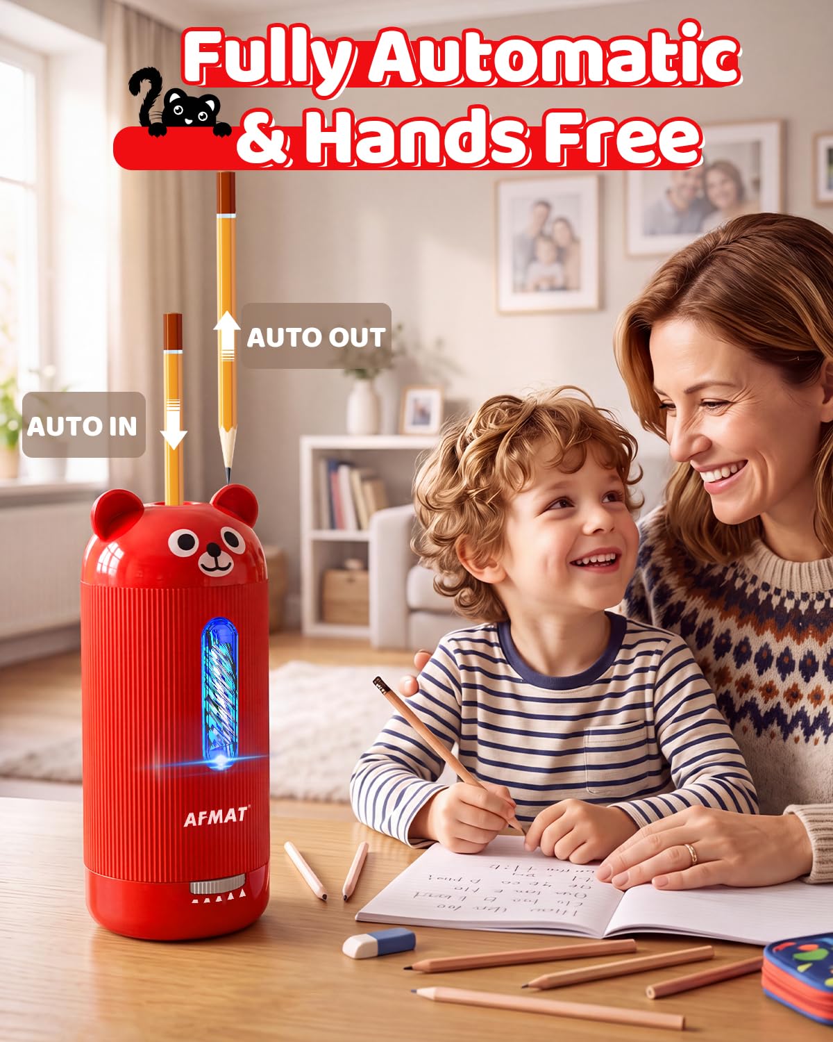 AFMAT Electric Pencil Sharpener, Fully Automatic, for 6.5-12mm Pencils Rechargeable & Cordless, Auto in & Out, 5 Nibs, 7K+ Uses, Replaceable Blade, Cute Sharpener for Classroom/Home/Office