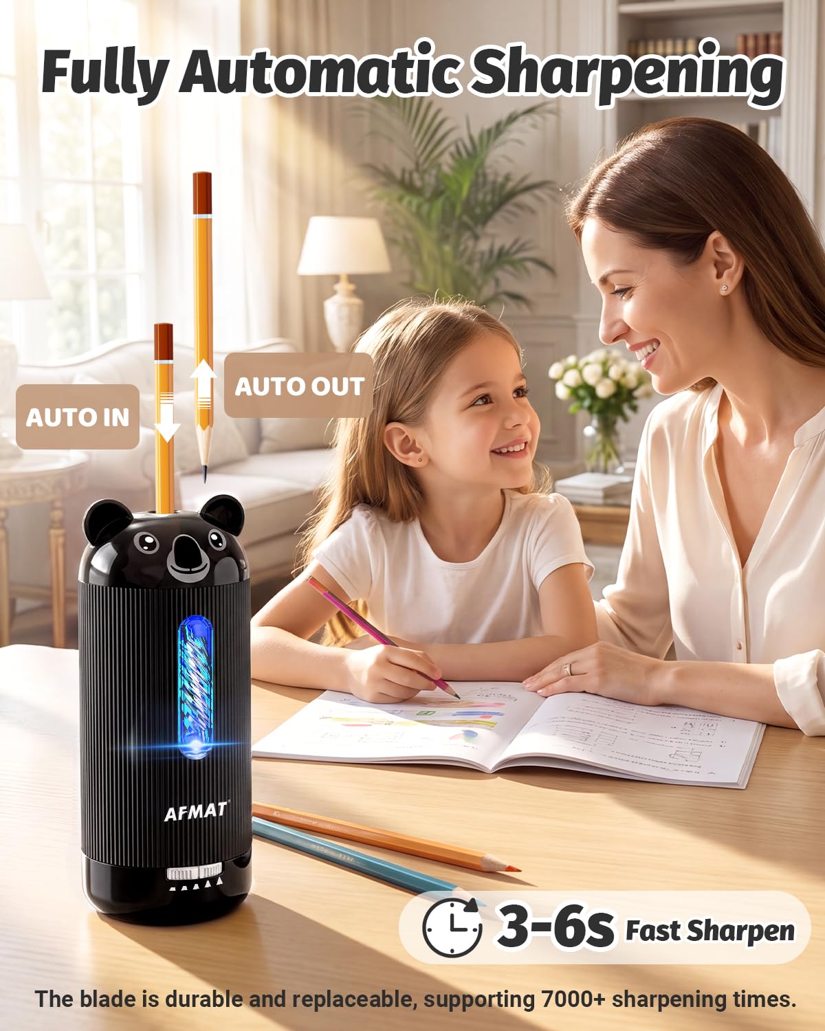 AFMAT Fully Automatic Electric Pencil Sharpener, for 6.5-12mm Pencils Rechargeable & Cordless, Auto in & Out, 5 Nibs, 7K+ Uses, Replaceable Blade, Cute Sharpener for Classroom/Home/Office, PSY4