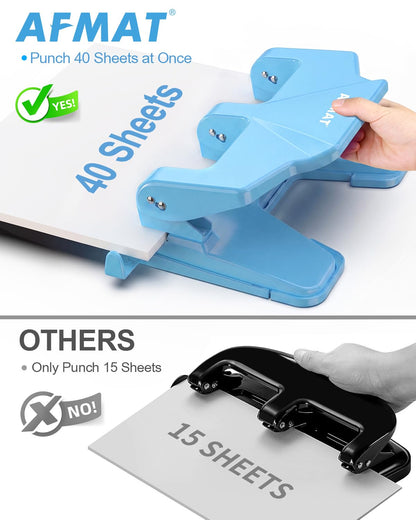 AFMAT HP14 3 Hole Punch Heavy Duty, 40-Sheet Three Hole Punch, 50% Reduced Effort Metal Paper Puncher w/Large Chip Tray,HP14CY