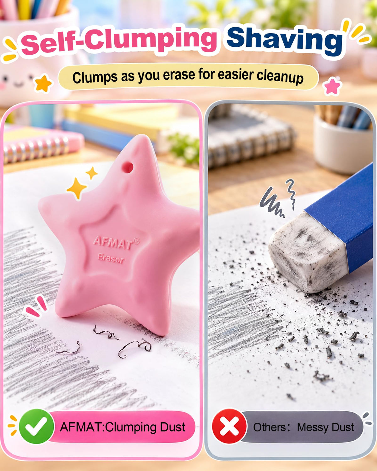 AFMAT PE12 Erasers for Kids, Latex-Free, Self-Clumping Shavings, 5 Pcs