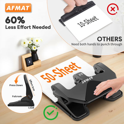 AFMAT HP20 Heavy Duty 3 Hole Punch, 60% Reduced Effort, 50-Sheet 3 Hole Puncher for Binder, 10,000+ Uses