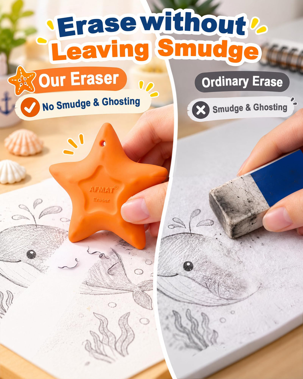 AFMAT PE13 Erasers for Kids, Hipolymer TPE Pencil Eraser, Latex-Free, 5 Pcs
