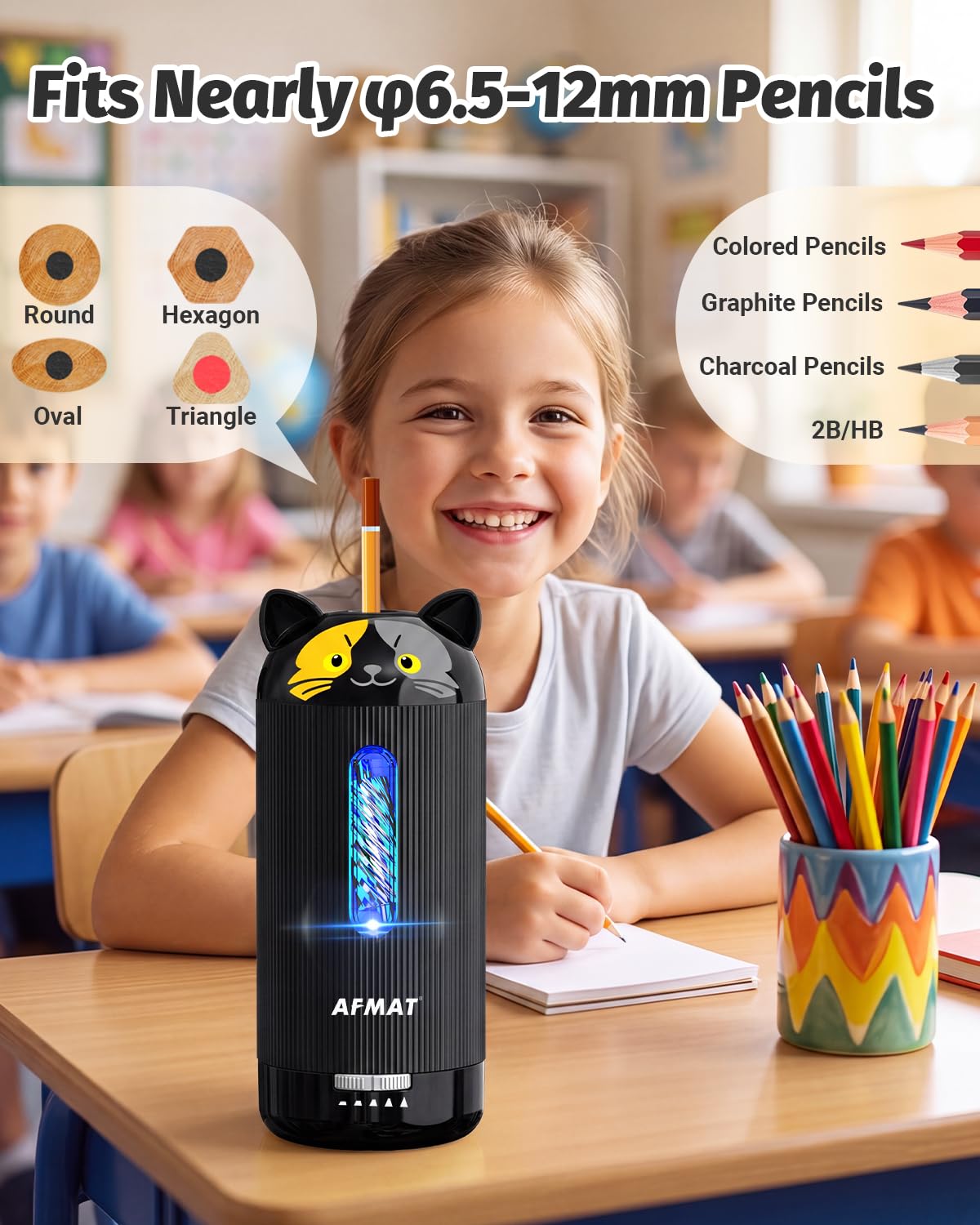 AFMAT Electric Pencil Sharpener, Fully Automatic, for 6.5-12mm Pencils Rechargeable & Cordless, Auto in & Out, 5 Nibs, 7K+ Uses, Replaceable Blade, Cute Sharpener for Classroom/Home/Office, PSJ5BK