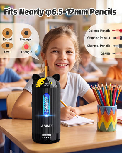 AFMAT Electric Pencil Sharpener, Fully Automatic, for 6.5-12mm Pencils Rechargeable & Cordless, Auto in & Out, 5 Nibs, 7K+ Uses, Replaceable Blade, Cute Sharpener for Classroom/Home/Office, PSJ5BK
