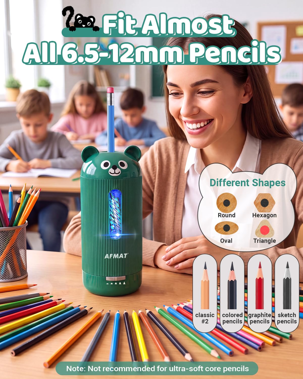 AFMAT Electric Pencil Sharpener, Fully Automatic, for 6.5-12mm Pencils Rechargeable & Cordless, Auto in & Out, 5 Nibs, 7K+ Uses, Replaceable Blade, Cute Sharpener for Classroom/Home/Office