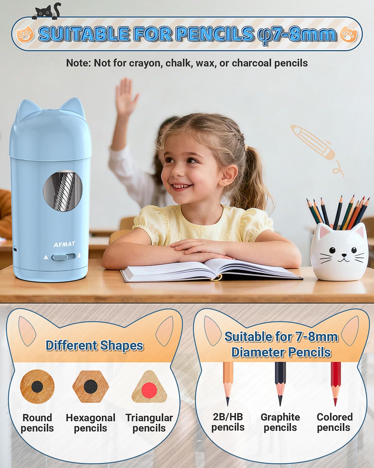🎀Perfect Gifts for Everyone🎀 AFMAT Fully Automatic Rechargeable Electric Pencil Sharpener for φ7-8mm No.2/Colored Pencils,PSX9BL