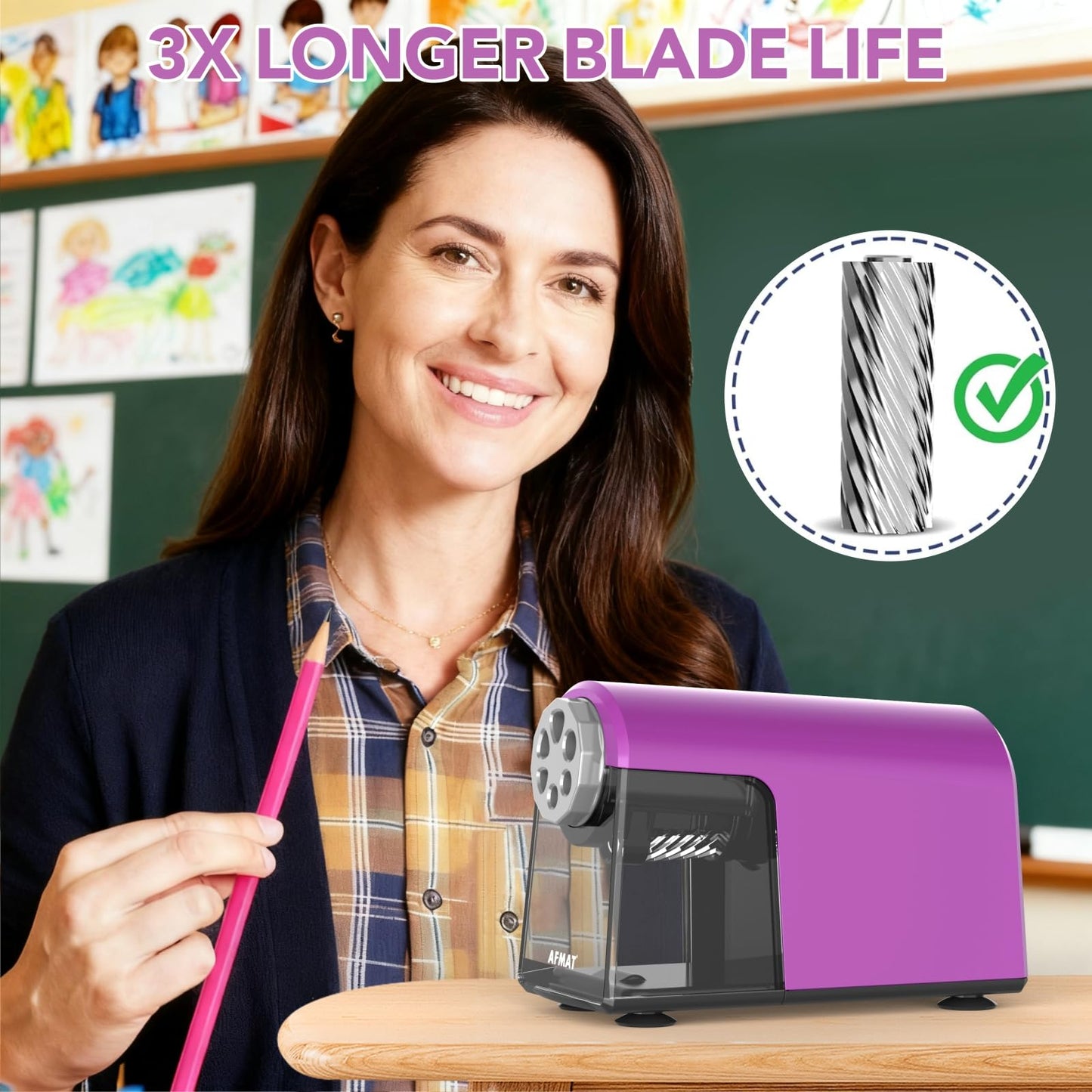 Disponible en France：AFMAT PSD2 Taille-crayon électrique avec boîte à 6 trous - Robuste et rechargeable - Pour crayons de 6 à 11 mm et crayons de couleur - Pour salle de classe, école, bureau