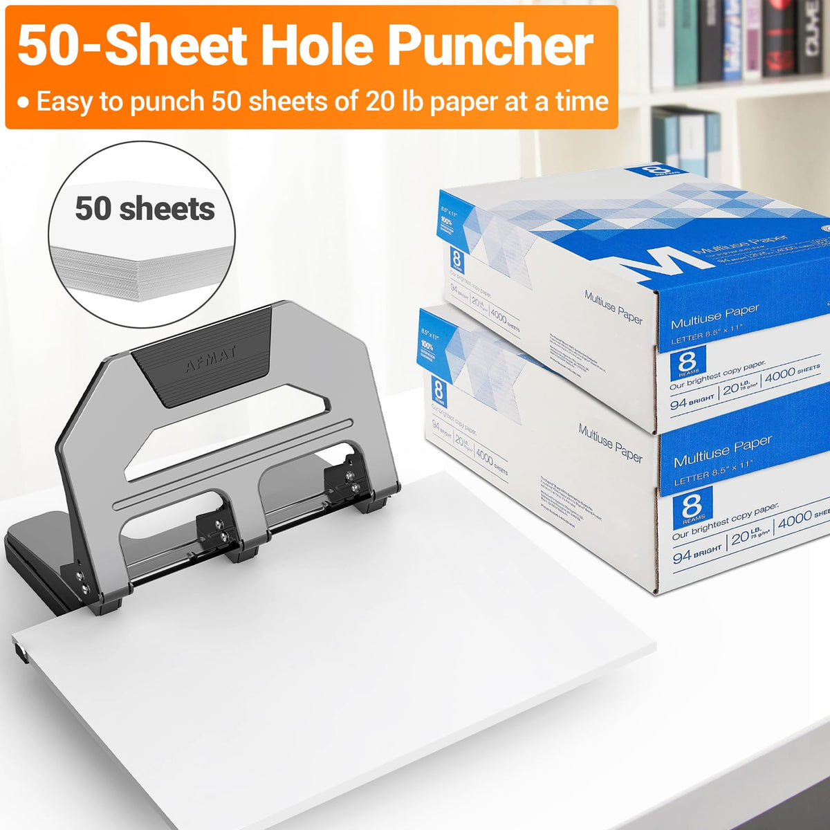 AFMAT Heavy Duty 3 Hole Puncher, 50-Sheet Paper Punch Heavy Duty, 50% Reduced Effort Three Hole Punch, 10K+ Uses, Metal Hole Puncher 3 Ring w/Large Tray, Bulit-in S.S. Paper Guide HPX4GY