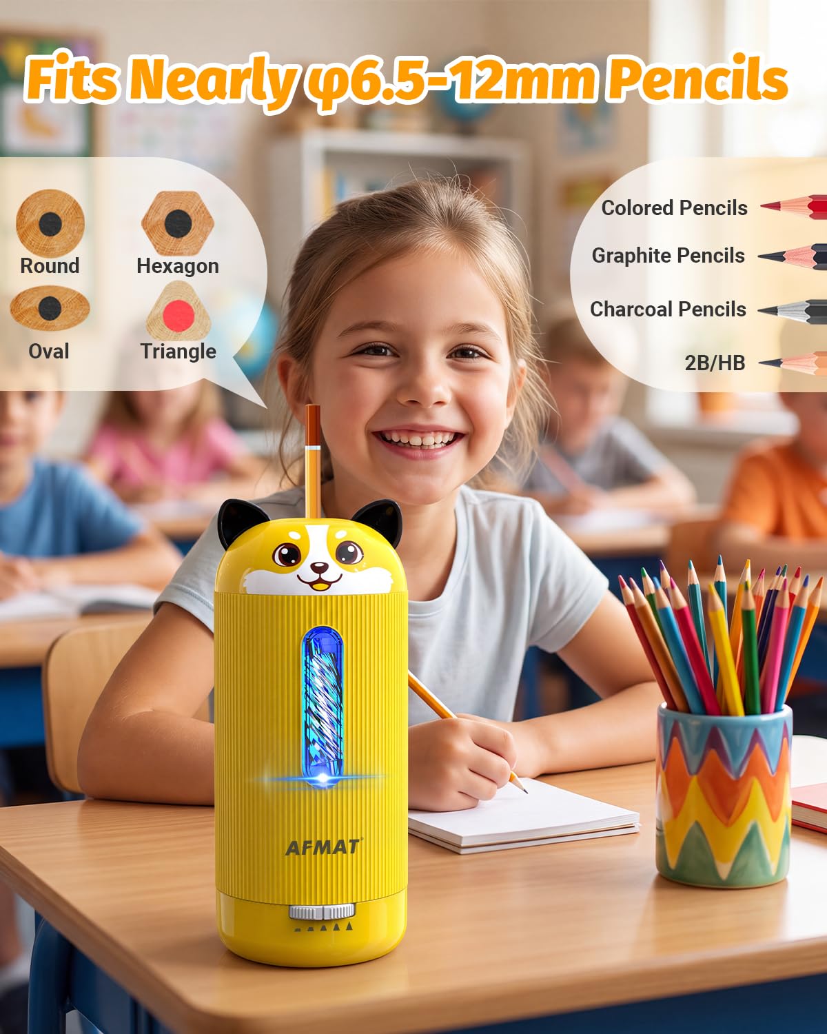 AFMAT Electric Pencil Sharpener, Fully Automatic, for 6.5-12mm Pencils