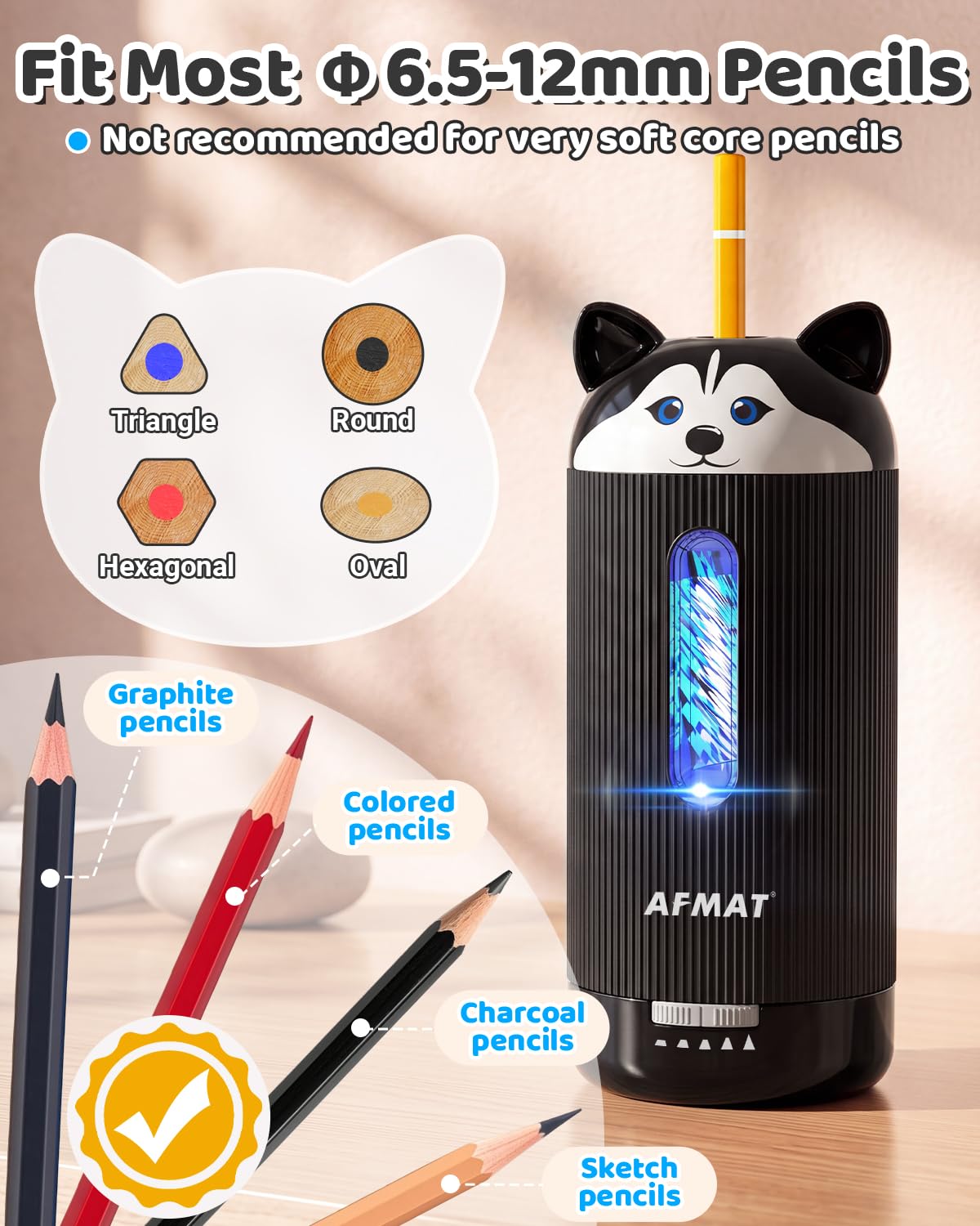 ✅Newest Model Best Features✅ AFMAT Animal-Shaped Fully Automatic Electric Pencil Sharpener, for Jumbo/Colored Pencils (φ6.5-12mm), Sharpen All Type Pencils, PSJ1