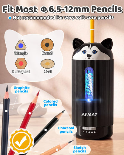 AFMAT Electric Pencil Sharpener, Auto in & Out, 5 Nibs, 7K+ Uses, Fully Automatic Classroom Pencil Sharpener, Rechargeable Hands-Free Sharpeners for Jumbo/Colored Pencils (φ6.5-12mm) PSJ1