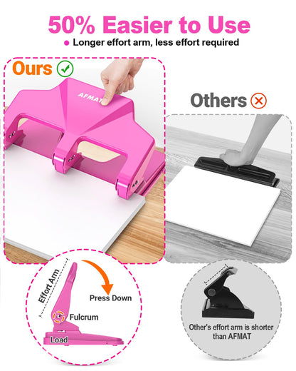 AFMAT HP14 3 Hole Punch Heavy Duty, 40-Sheet Three Hole Punch, 50% Reduced Effort Metal Paper Puncher w/Large Chip Tray,HP14PK