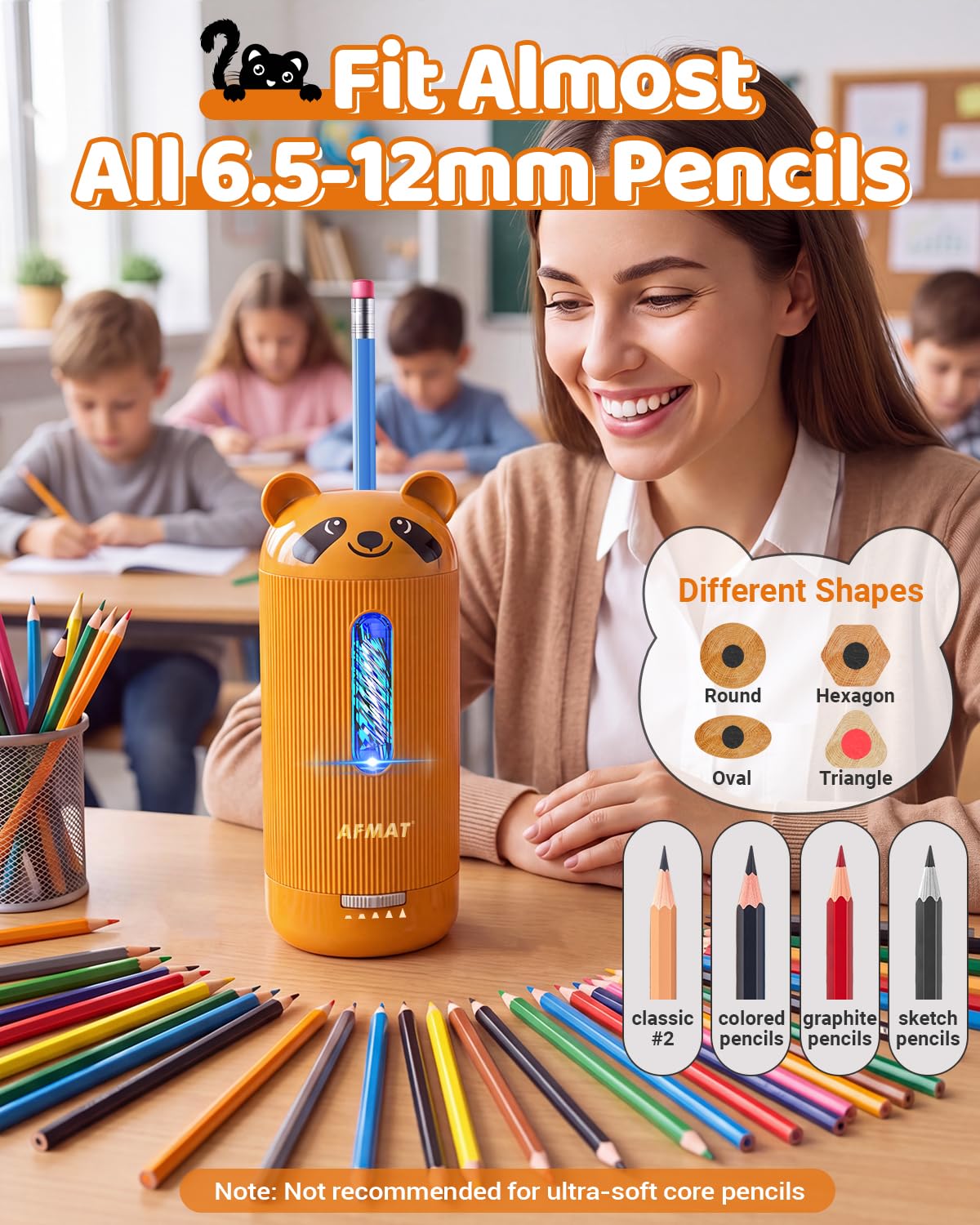 ✅Newest Model Best Features✅ AFMAT PSY3 Electric Pencil Sharpener, Fully Automatic, for 6.5-12mm Pencils,PSY3BN