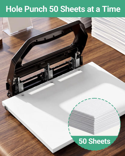 AFMAT 3 Hole Punch Heavy Duty, 9/32" Holes, 50-Sheet Hole Puncher 3 Ring, 50% Reduced Effort, Adjustable Two & Three Hole Punch, Metal Paper Puncher w/Large Chip Tray, Metal Paper Guide, HPHP18BG