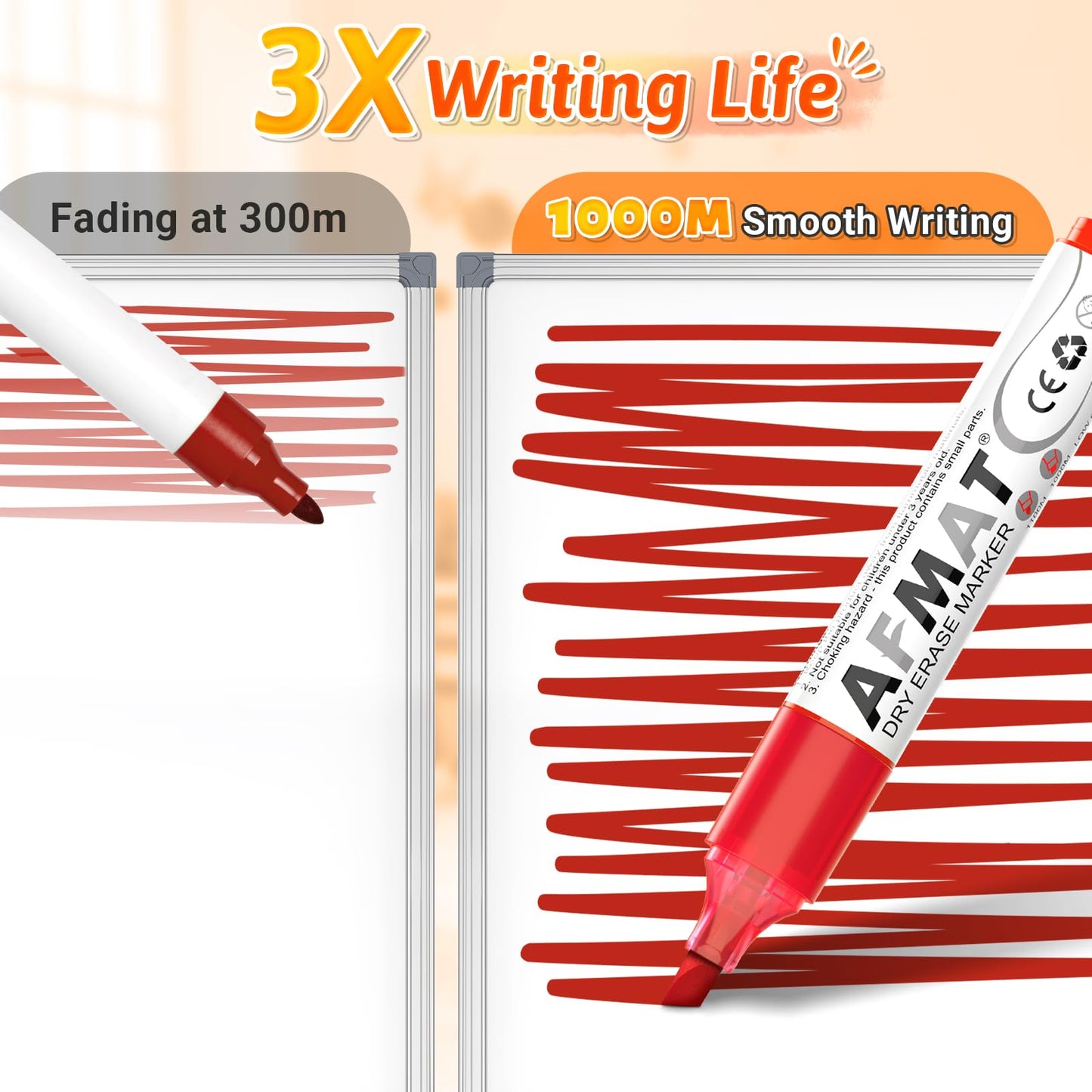AFMAT Dry Erase Markers, 12-Count Red Whiteboard Markers, Chisel Tip, High-Capacity Liquid Ink for 1,100 Meters Writing Length, w/Visible Ink Level, Low Odor Erasable for Teacher Office Classroom,DB10X4