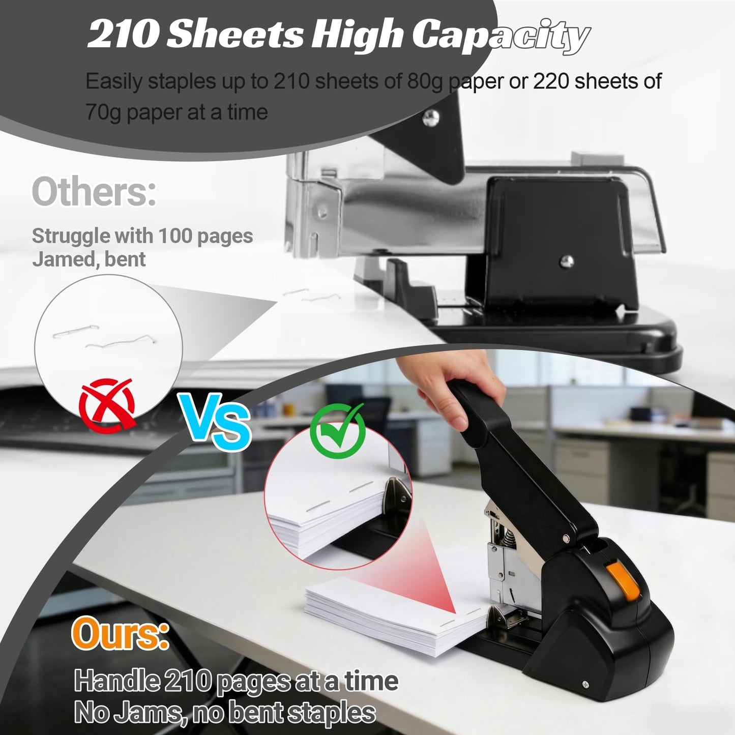 AFMAT Heavy Duty Stapler, 210 Sheet Staplers for Desk with 7000 Staples, Jam-Free, 50000+ Uses, 60% Reduced Effort, Easy Reload, Adjustable Paper Guide, Large Metal Manual Office Staplers, ES15BK