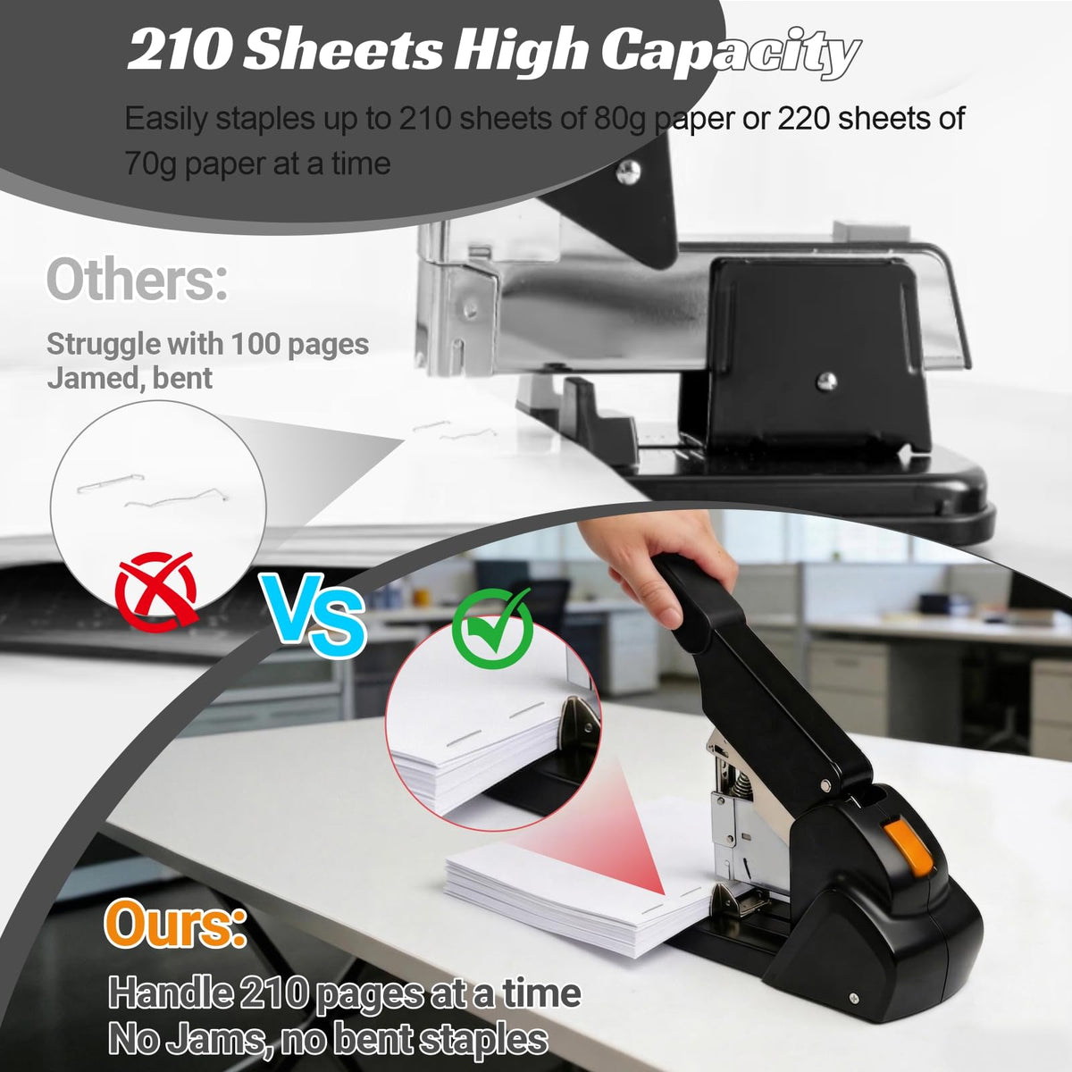 AFMAT Heavy Duty Stapler, 210 Sheet Staplers for Desk with 7000 Staples, Jam-Free, 50000+ Uses, 60% Reduced Effort, Easy Reload, Adjustable Paper Guide, Large Metal Manual Office Staplers, ES15BK