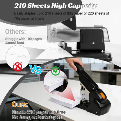 AFMAT Heavy Duty Stapler, 210 Sheet Staplers for Desk with 7000 Staples, Jam-Free, 50000+ Uses, 60% Reduced Effort, Easy Reload, Adjustable Paper Guide, Large Metal Manual Office Staplers, ES15BK