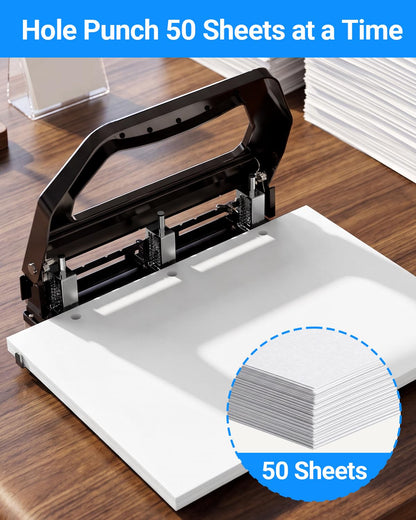 AFMAT 3 Hole Punch Heavy Duty, 9/32" Holes, 50-Sheet Hole Puncher 3 Ring, 50% Reduced Effort, Adjustable Two & Three Hole Punch, Metal Paper Puncher w/Large Chip Tray, Metal Paper Guide, HP18BE