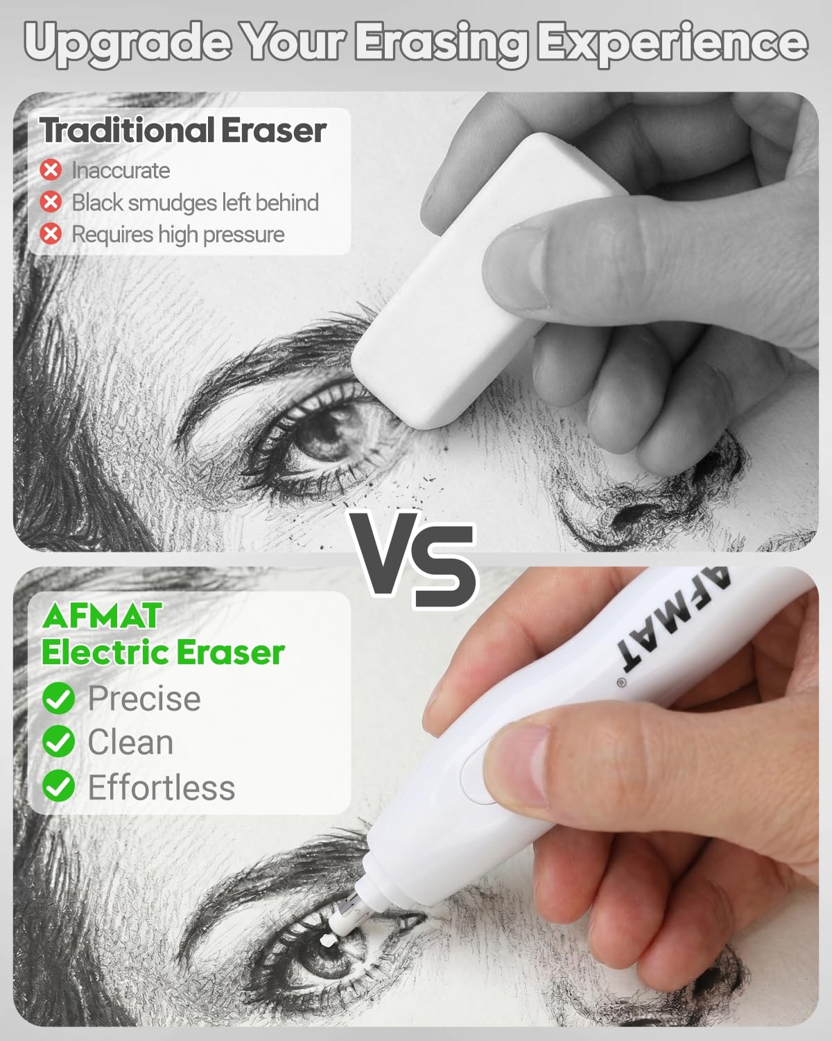 AFMAT Electric Eraser, with 140 Eraser Refills, Rechargeable Pencil Erasers for Artists, Electric Erasers for Drafting, Drawing, Painting, Sketching, Architectural Plans, Detailer Tool EE25WH