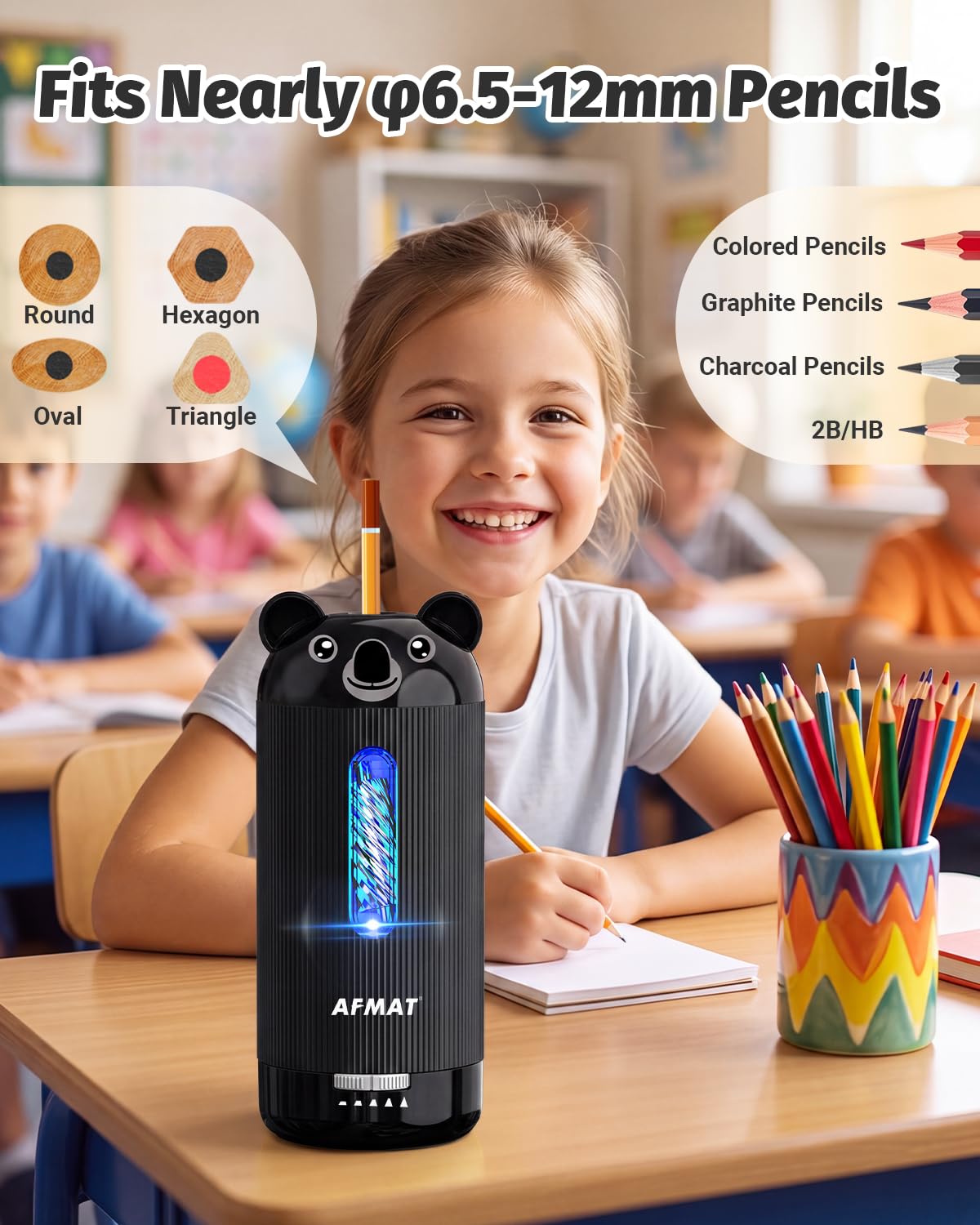 AFMAT Fully Automatic Electric Pencil Sharpener, for 6.5-12mm Pencils Rechargeable & Cordless, Auto in & Out, 5 Nibs, 7K+ Uses, Replaceable Blade, Cute Sharpener for Classroom/Home/Office, PSY4