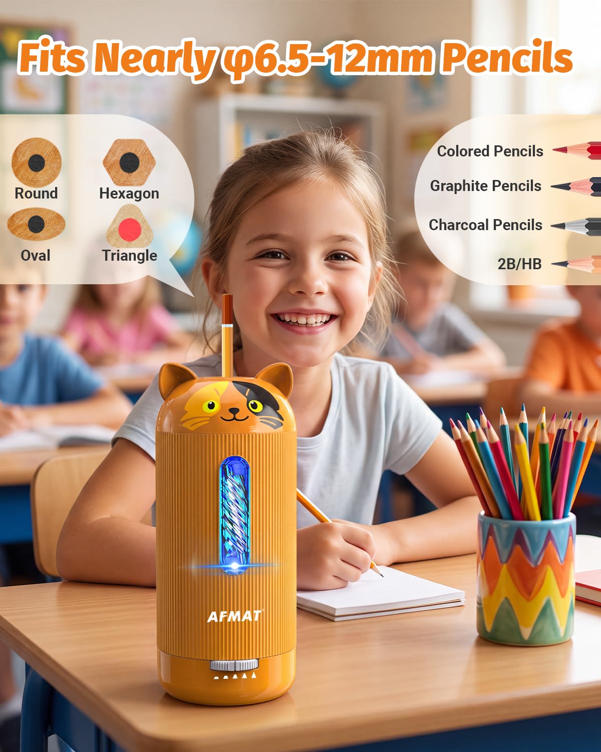 AFMAT Electric Pencil Sharpener, Fully Automatic, for 6.5-12mm Pencils