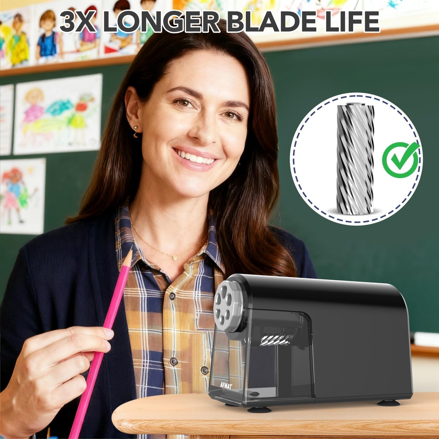 Disponible en France：AFMAT PSD2 Taille-crayon électrique avec boîte à 6 trous - Robuste et rechargeable - Pour crayons de 6 à 11 mm et crayons de couleur - Pour salle de classe, école, bureau
