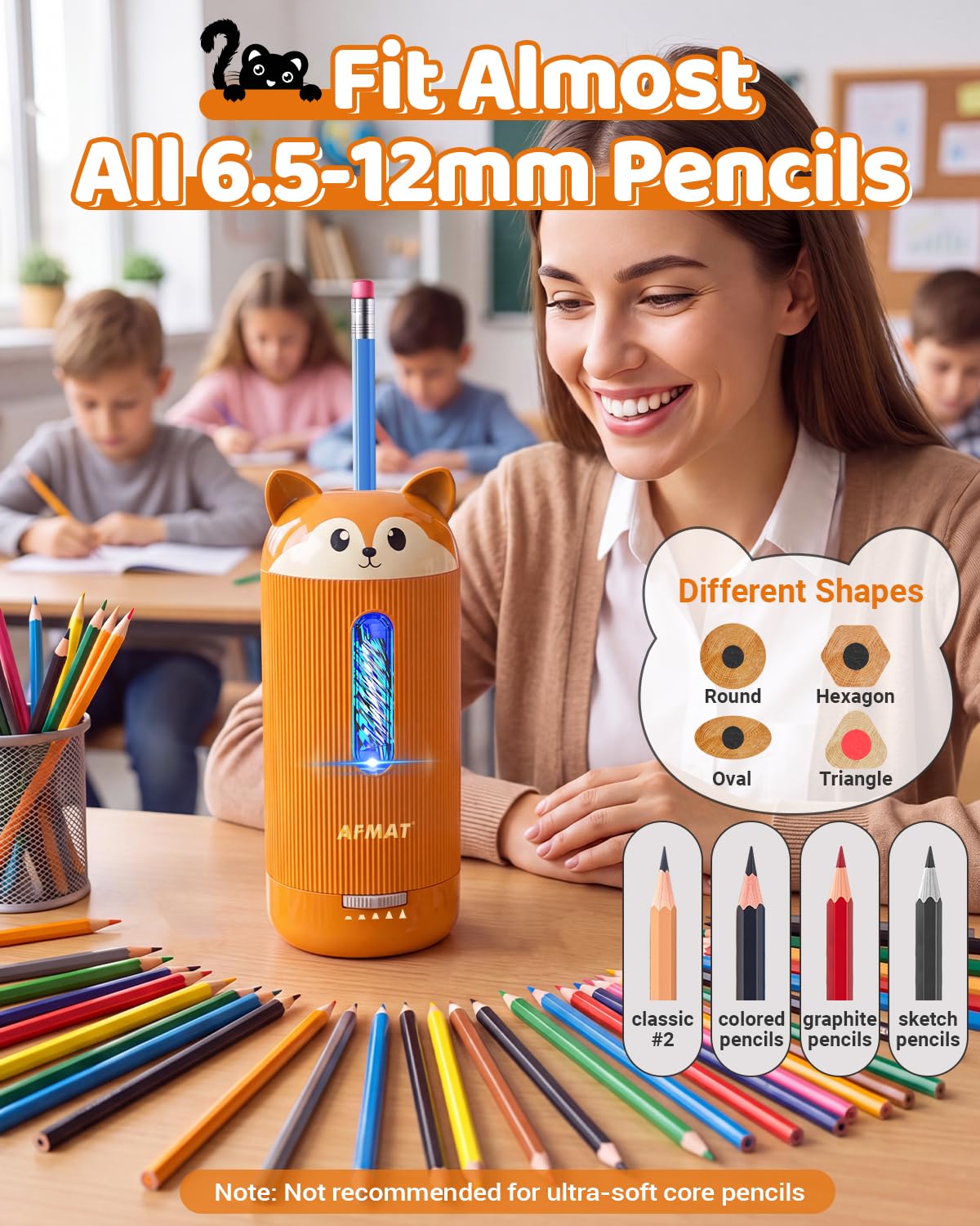 ✅Newest Model Best Features✅ AFMAT PSJ4 Electric Pencil Sharpener, Fully Automatic, for 6.5-12mm Pencils,PSJ4BN
