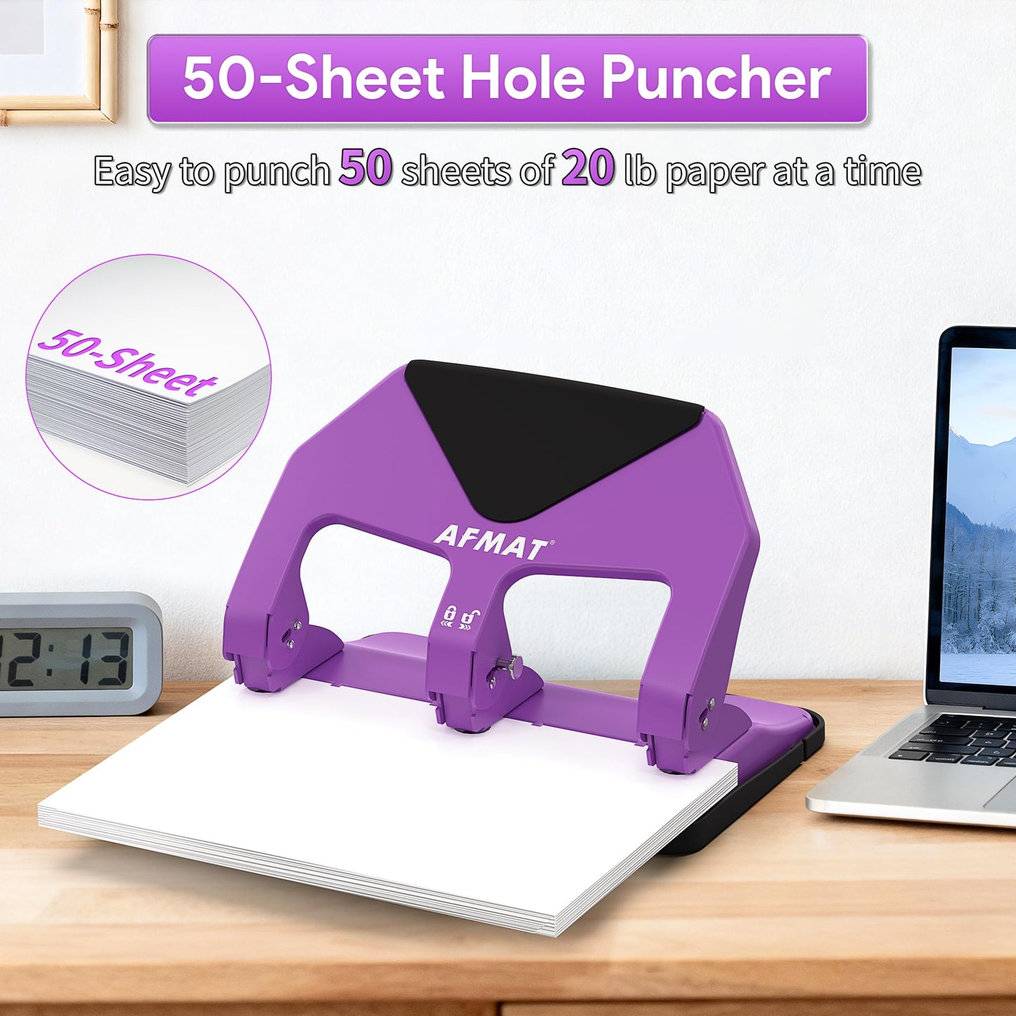 AFMAT HP20 Heavy Duty 3 Hole Punch, 60% Reduced Effort, 50-Sheet 3 Hole Puncher for Binder, 10,000+ Uses
