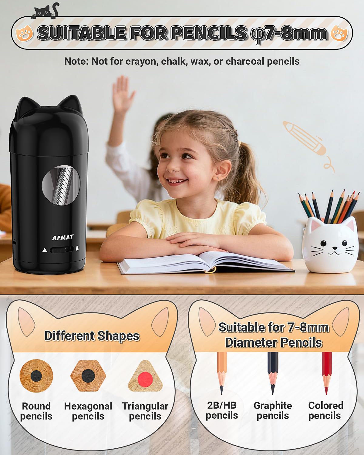 🎀Perfect Gift For A Teacher🎀Fully Automatic Rechargeable Electric Pencil Sharpener for φ7-8mm No.2/Colored Pencils,PSX9BK