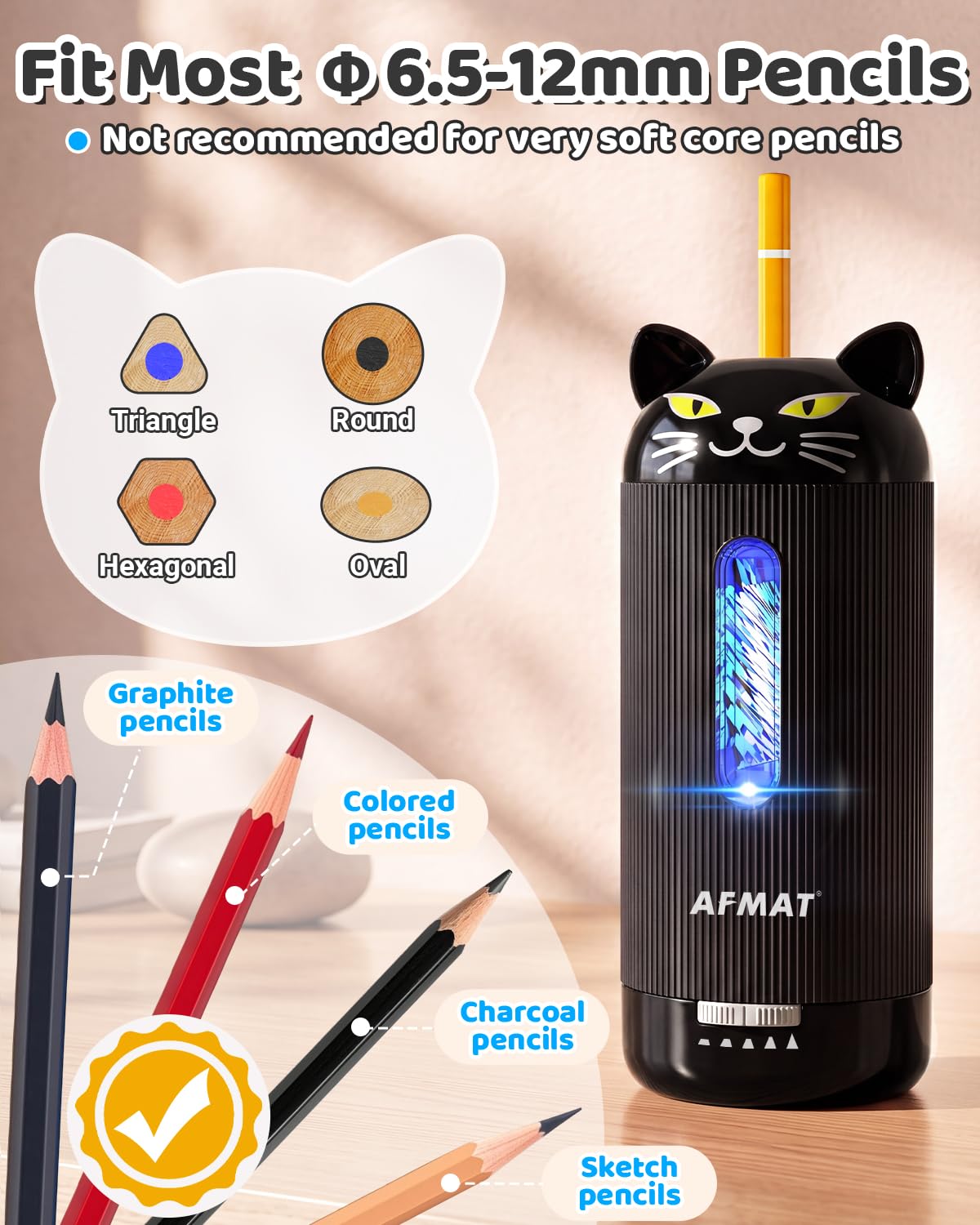 ✅Newest Model Best Features✅ AFMAT Animal-Shaped Fully Automatic Electric Pencil Sharpener, for Jumbo/Colored Pencils (φ6.5-12mm), Sharpen All Type Pencils,  PSJ2BK