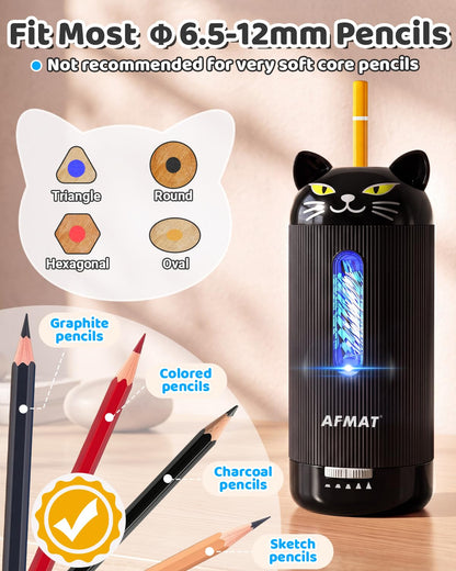 AFMAT Electric Pencil Sharpener, Auto in & Out, 5 Nibs, 7K+ Uses, Fully Automatic Classroom Pencil Sharpener, Rechargeable Hands-Free Sharpeners for Jumbo/Colored Pencils (φ6.5-12mm) PSJ2BK