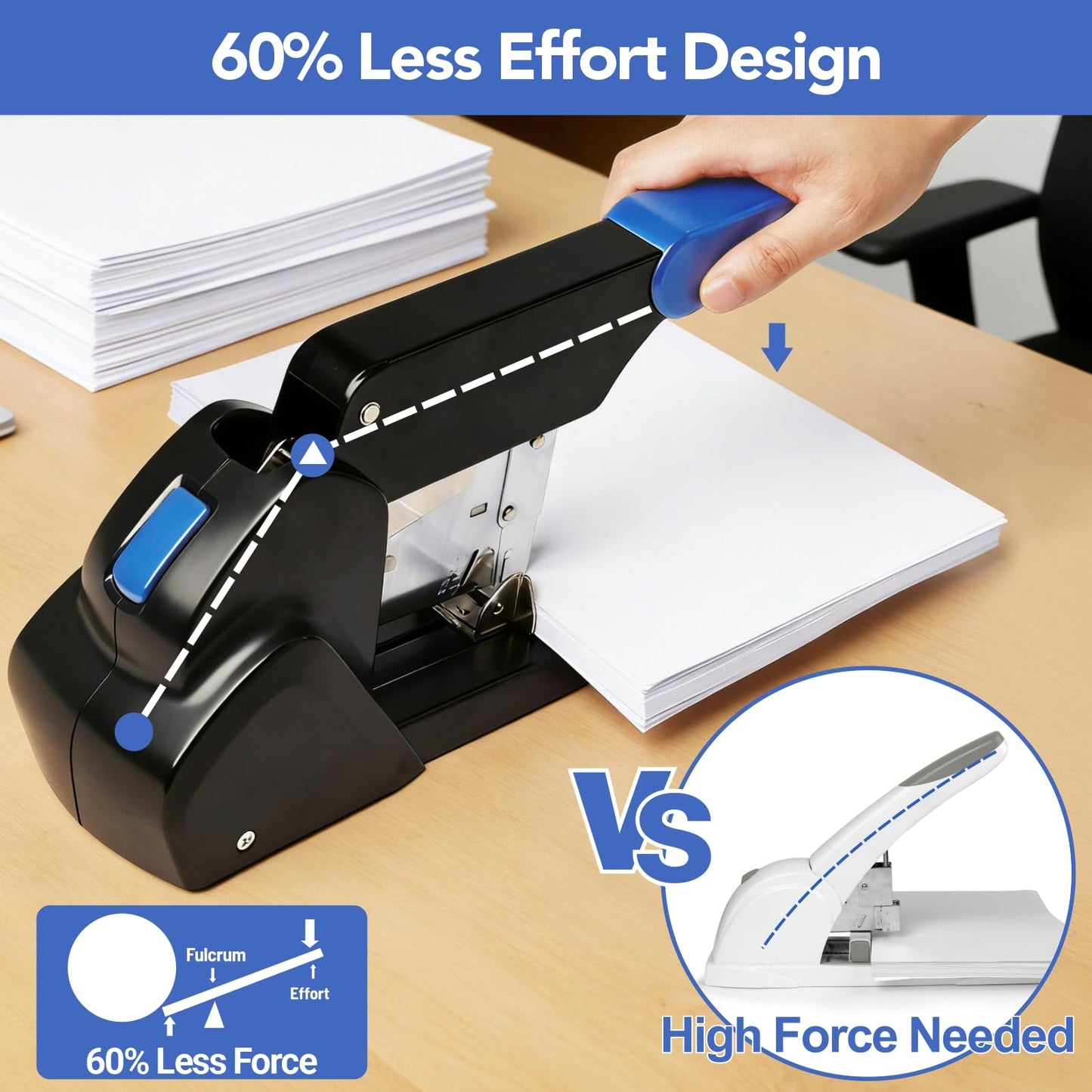 AFMAT Heavy Duty Stapler, 220 Sheets Capacity Stapler for Classroom, 60% Reduced Effort, Jam Free, Adjustable Paper Depth, Metal Desk Office Staplers w/ 50,000+ Uses, Includes 7000Pcs Staples, ES15BL