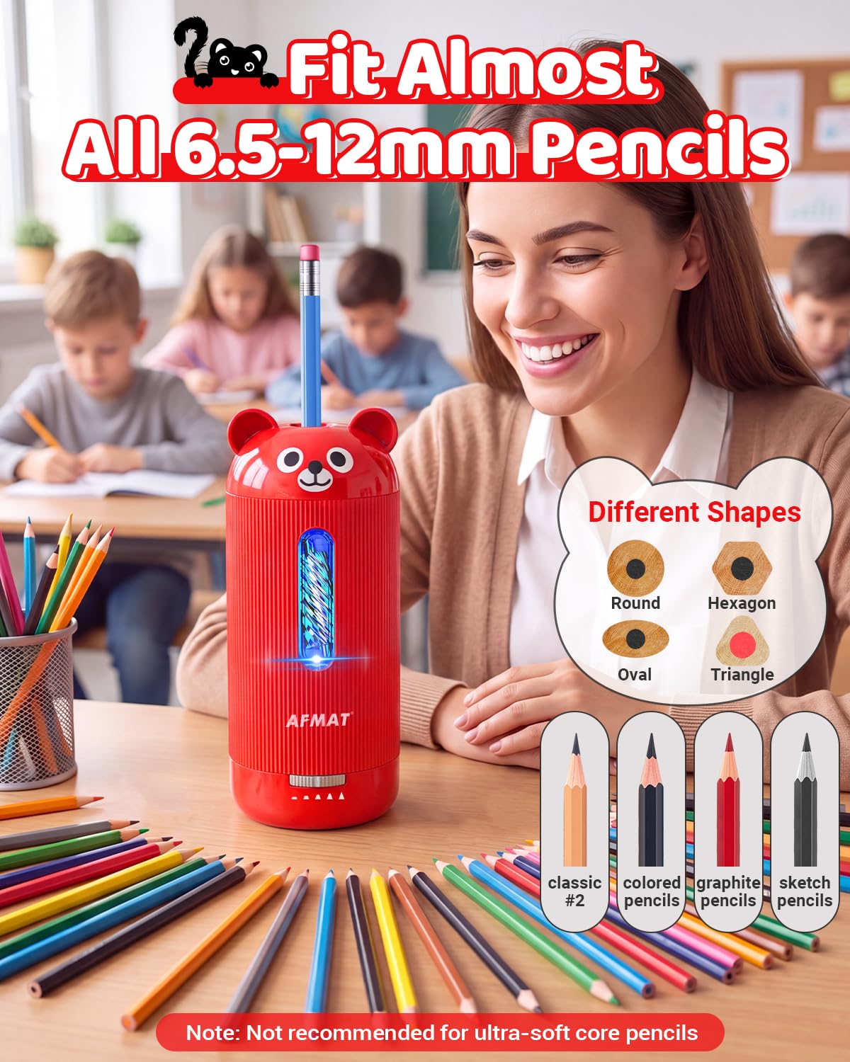 AFMAT Electric Pencil Sharpener, Fully Automatic, for 6.5-12mm Pencils Rechargeable & Cordless, Auto in & Out, 5 Nibs, 7K+ Uses, Replaceable Blade, Cute Sharpener for Classroom/Home/Office