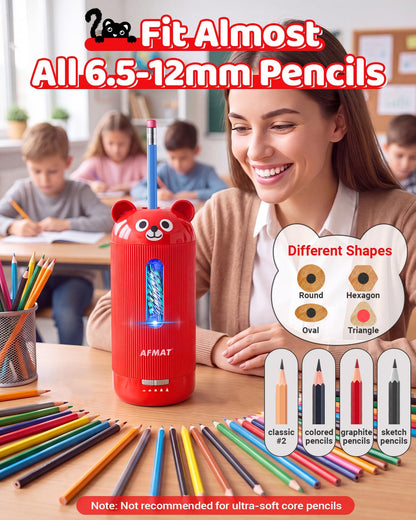 AFMAT Electric Pencil Sharpener, Fully Automatic, for 6.5-12mm Pencils Rechargeable & Cordless, Auto in & Out, 5 Nibs, 7K+ Uses, Replaceable Blade, Cute Sharpener for Classroom/Home/Office