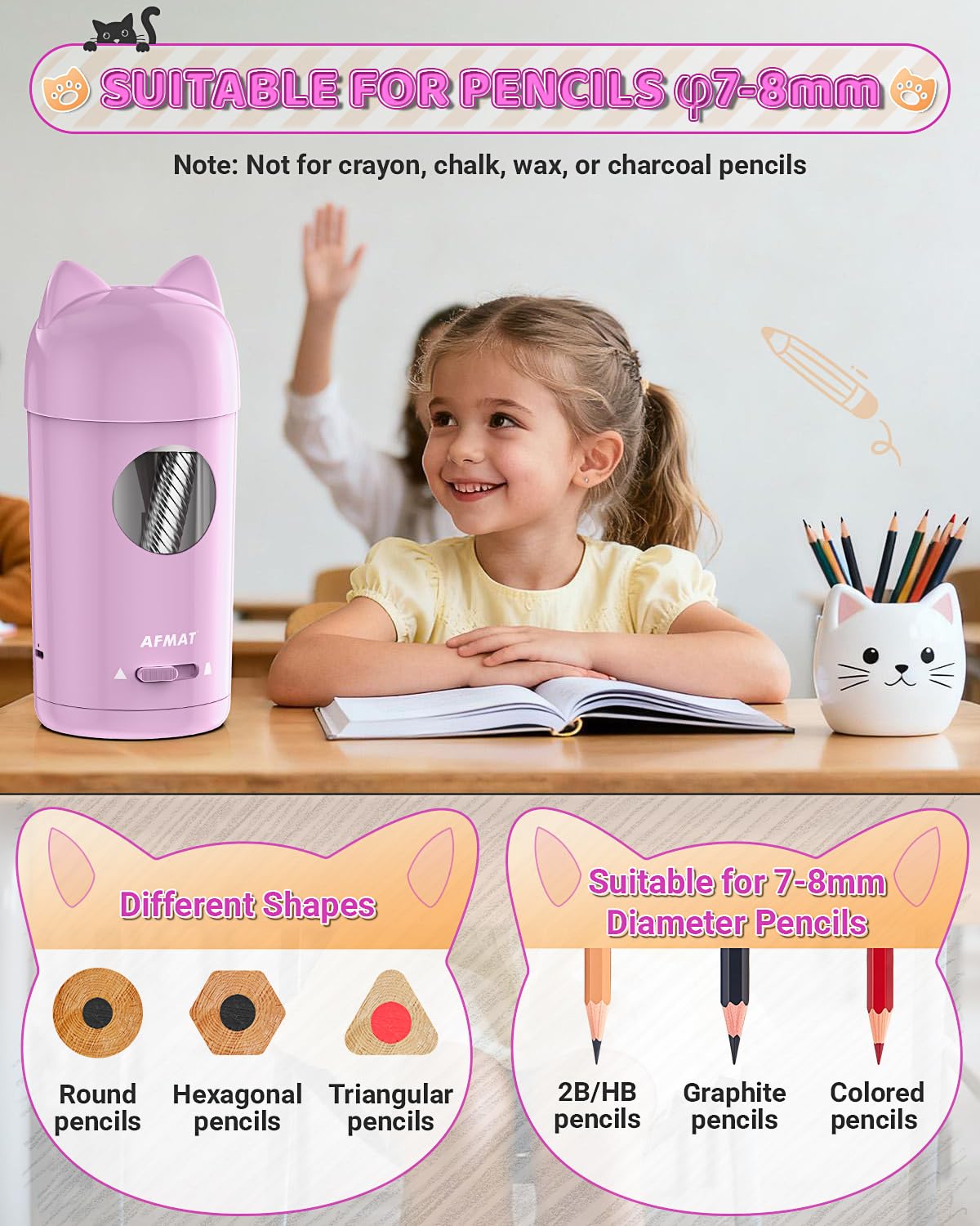 🎀Perfect Gifts for Everyone🎀 AFMAT Fully Automatic Rechargeable Electric Pencil Sharpener for φ7-8mm No.2/Colored Pencils,PSX9PR