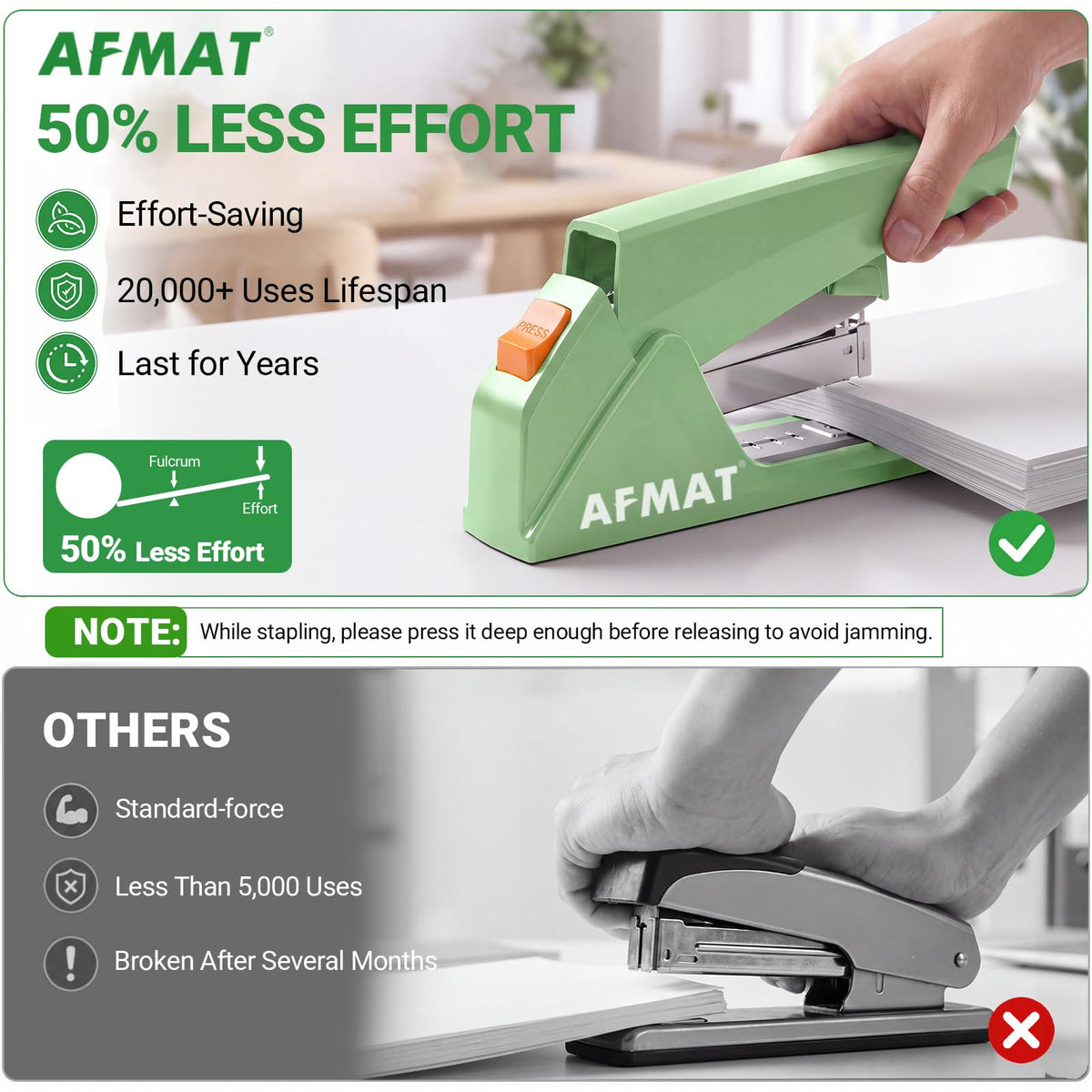 AFMAT ES18 Heavy Duty Stapler, 100-Sheet Effortless Desktop Stapler, ES18GE