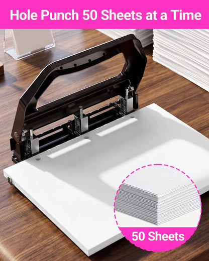 AFMAT 3 Hole Punch Heavy Duty, 9/32" Holes, 50-Sheet Hole Puncher 3 Ring, 50% Reduced Effort, Adjustable Two & Three Hole Punch, Metal Paper Puncher w/Large Chip Tray, Metal Paper Guide,HP18BR