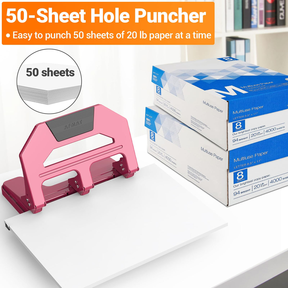 AFMAT Heavy Duty 3 Hole Puncher, 50-Sheet Paper Punch Heavy Duty, 50% Reduced Effort Three Hole Punch, 10K+ Uses, Metal Hole Puncher 3 Ring w/Large Tray, Bulit-in S.S. Paper Guide HPX4RW