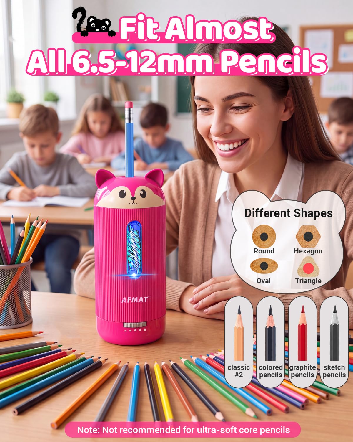 💥Limited Edition!🦊Cutest Animal Collection Is Here🦊✅Newest Model With Best Features✅AFMAT Electric Pencil Sharpener, Fully Automatic, for 6.5-12mm Pencils Rechargeable & Cordless,PSJ4RR