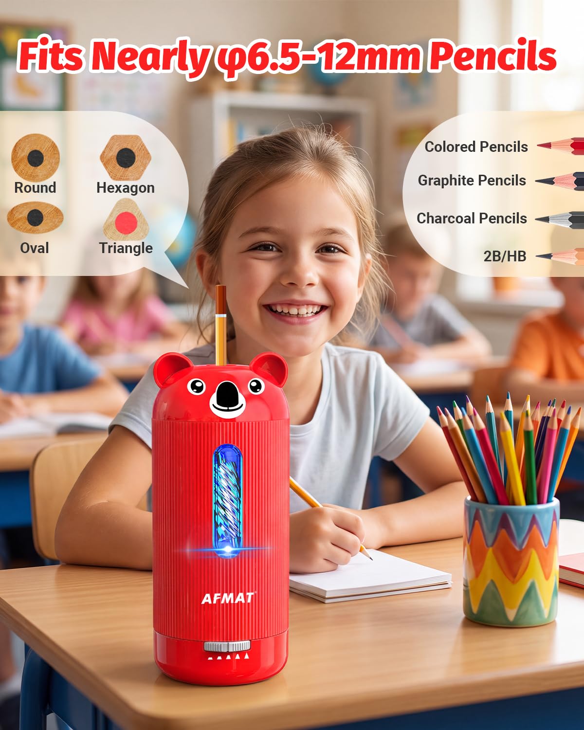 AFMAT Electric Pencil Sharpener, Fully Automatic, for 6.5-12mm Pencils Rechargeable & Cordless, Auto in & Out, 5 Nibs, 7K+ Uses, Replaceable Blade, Cute Sharpener for Classroom/Home/Office, PSY4