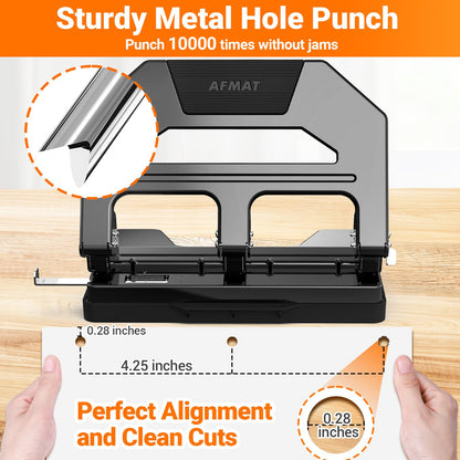 AFMAT 3 Hole Punch Heavy Duty, 9/32" Hole Diameter, 50-Sheet 3 Hole Puncher for Binder, 50% Reduced Effort, Metal Three Hole Punch w/ 10,000+ Uses, Bulit-in S.S. Paper Guide, Large Chip Tray, HPX4BK