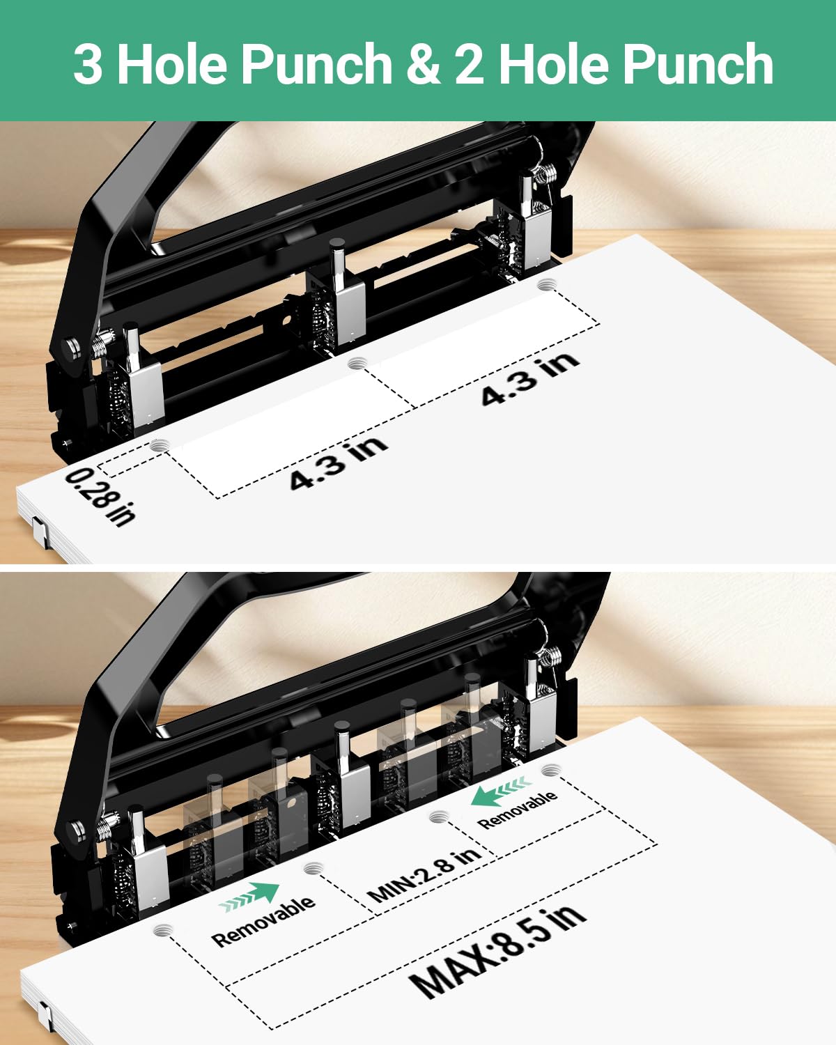 AFMAT 3 Hole Punch Heavy Duty, 9/32" Holes, 50-Sheet Hole Puncher 3 Ring, 50% Reduced Effort, Adjustable Two & Three Hole Punch, Metal Paper Puncher w/Large Chip Tray, Metal Paper Guide, HPHP18BG