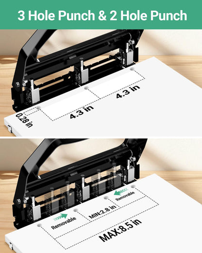 AFMAT 3 Hole Punch Heavy Duty, 9/32" Holes, 50-Sheet Hole Puncher 3 Ring, 50% Reduced Effort, Adjustable Two & Three Hole Punch, Metal Paper Puncher w/Large Chip Tray, Metal Paper Guide, HPHP18BG