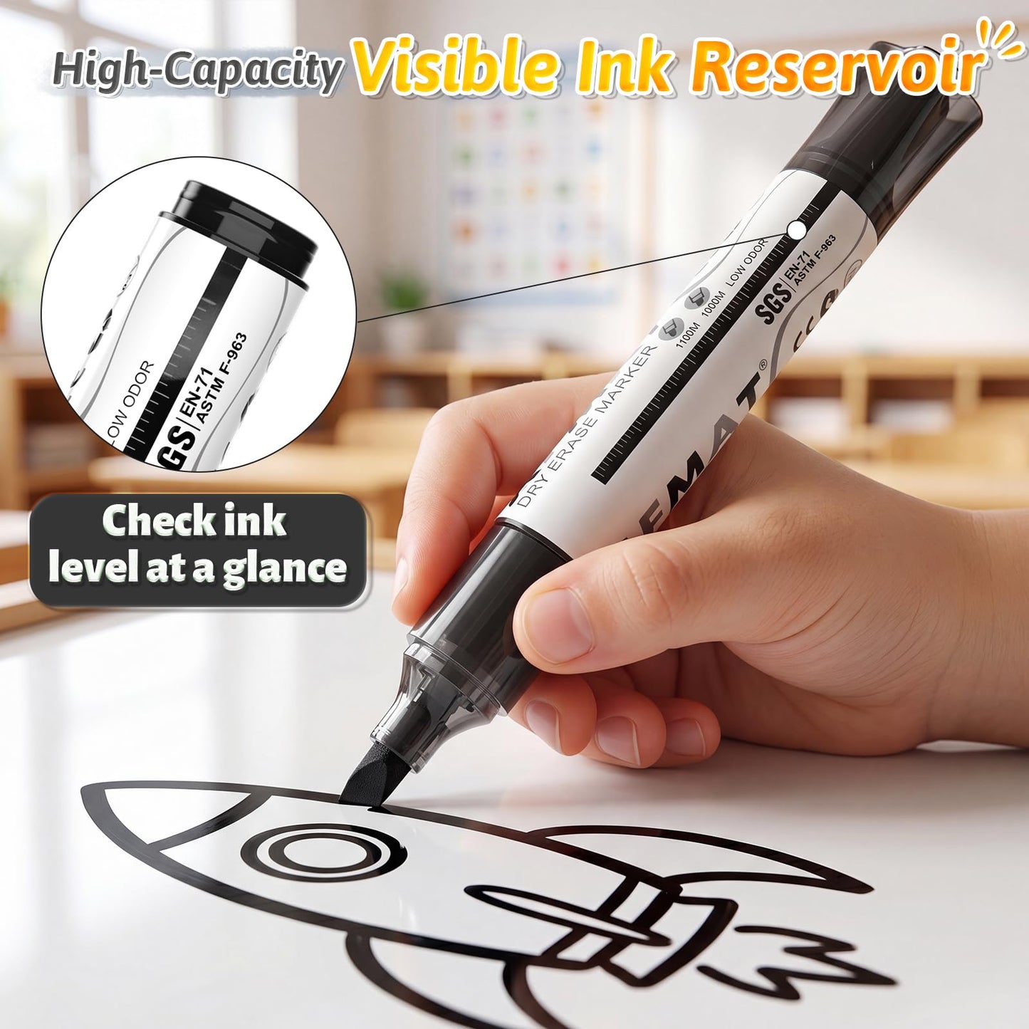 AFMAT Dry Erase Markers, 12-Count Black Whiteboard Markers, Chisel Tip, High-Capacity Liquid Ink for 1,100 Meters Writing Length, w/Visible Ink Level, Low Odor Erasable for Teacher Office Classroom,DB10X7