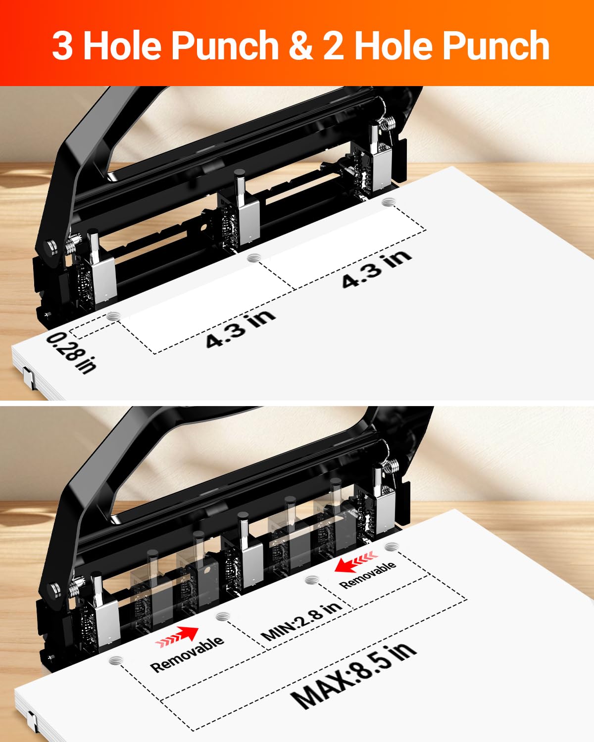 AFMAT 3 Hole Punch Heavy Duty, 9/32" Holes, 50-Sheet Hole Puncher 3 Ring, 50% Reduced Effort, Adjustable Two & Three Hole Punch, Metal Paper Puncher w/Large Chip Tray, Metal Paper Guide, HP18BD