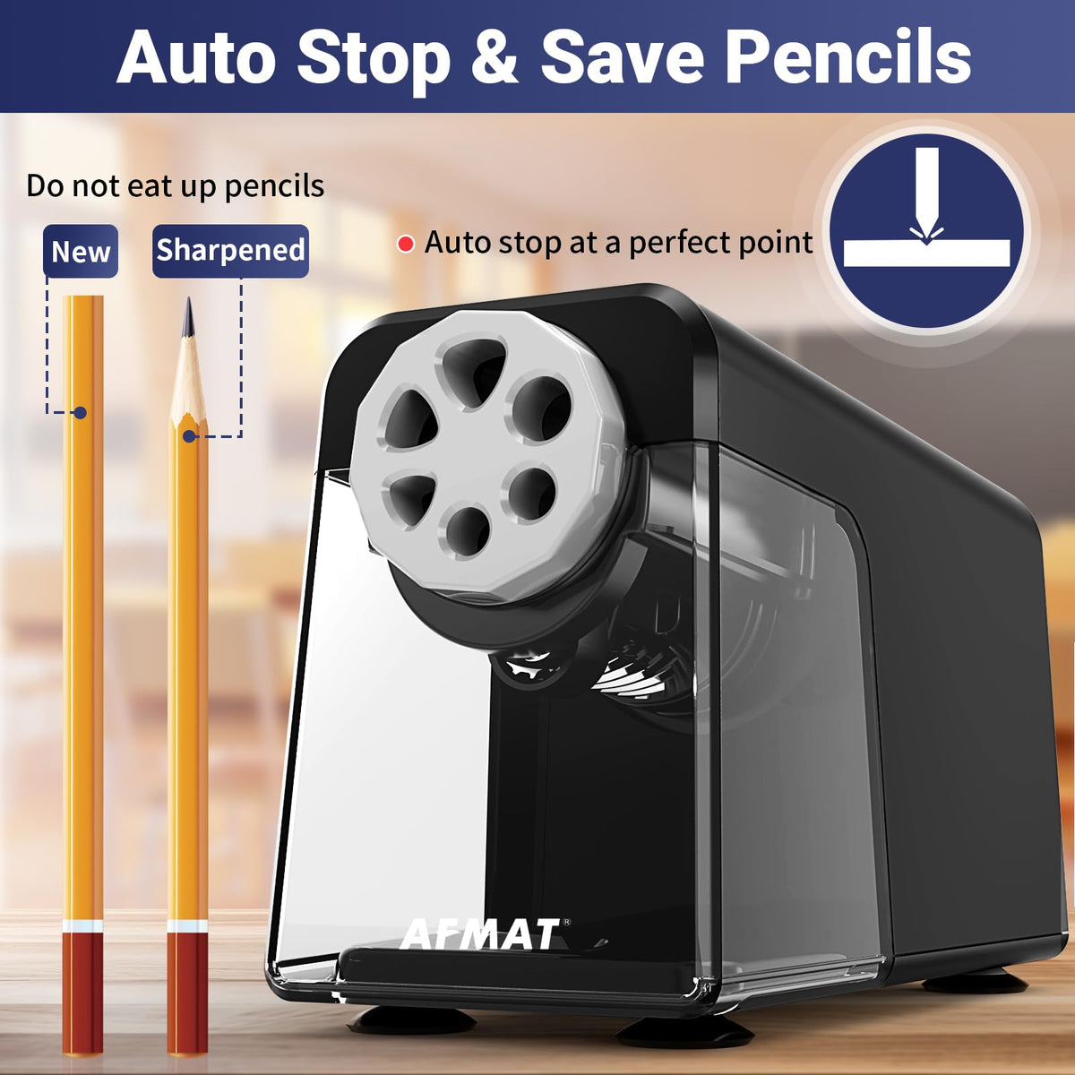 AFMAT PSD1 Rechargeable 6-Hole Electric Pencil Sharpener Heavy Duty, Auto Stop Classroom Pencil Sharpener for 6-11mm Pencils, 10,000+ Sharpenings